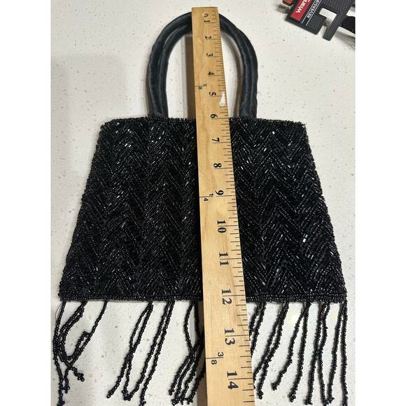 Black Beaded Evening hand bag Fringe Satin Handles Formal Party Night out - Picture 8 of 8